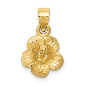 14k Yellow Gold 3D Satin & Diamond Cut Hibiscus Pendant, 10mm (3/8 in)